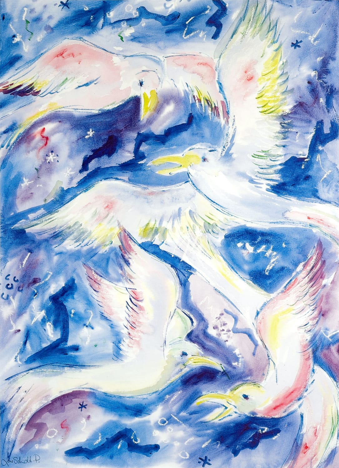 Lene Schmidt-Petersen: "Fugle på den blå himmel" (44 x 60 cm)