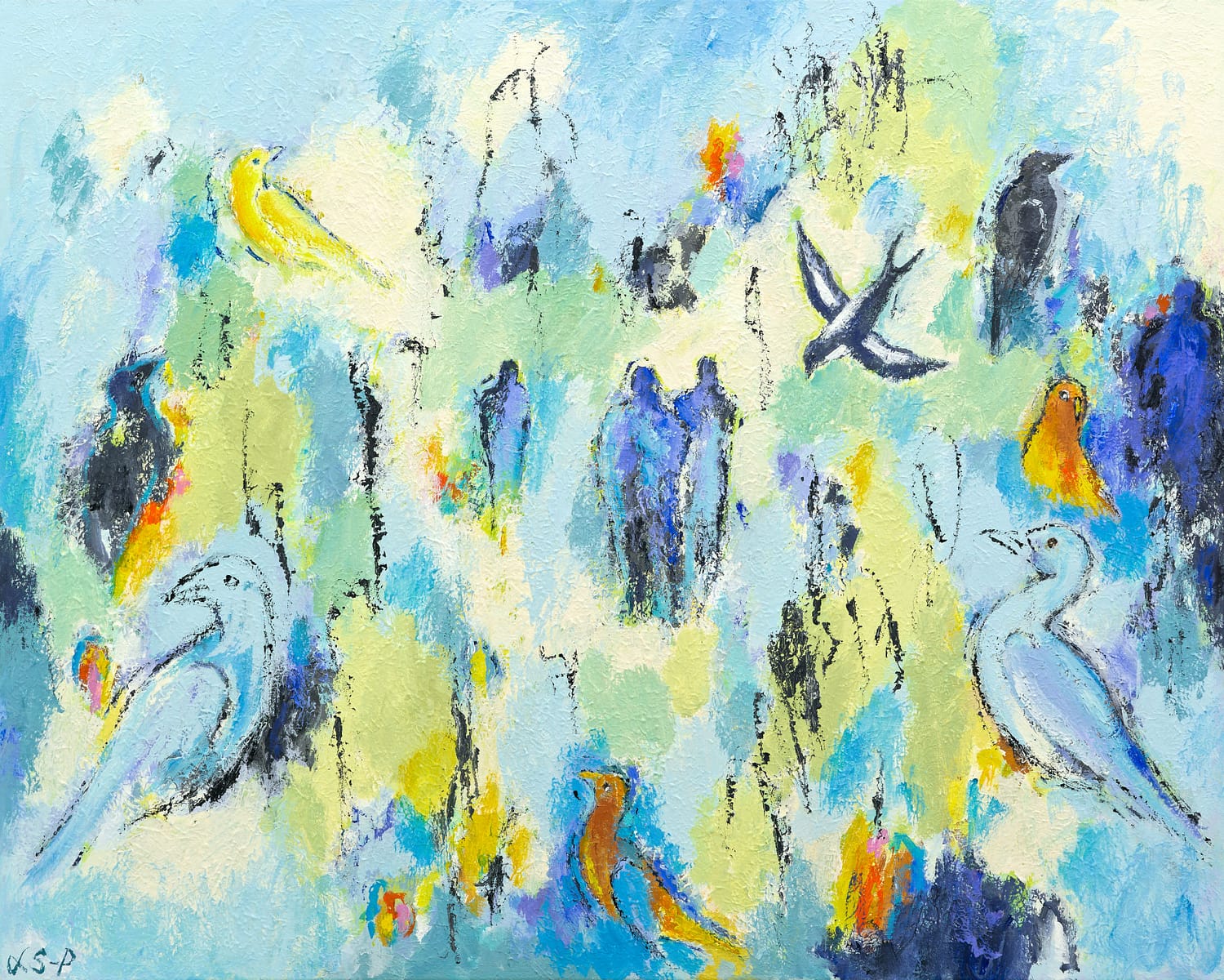 Lene Schmidt-Petersen: "Fugle i det blå univers" (100 x 80 cm)