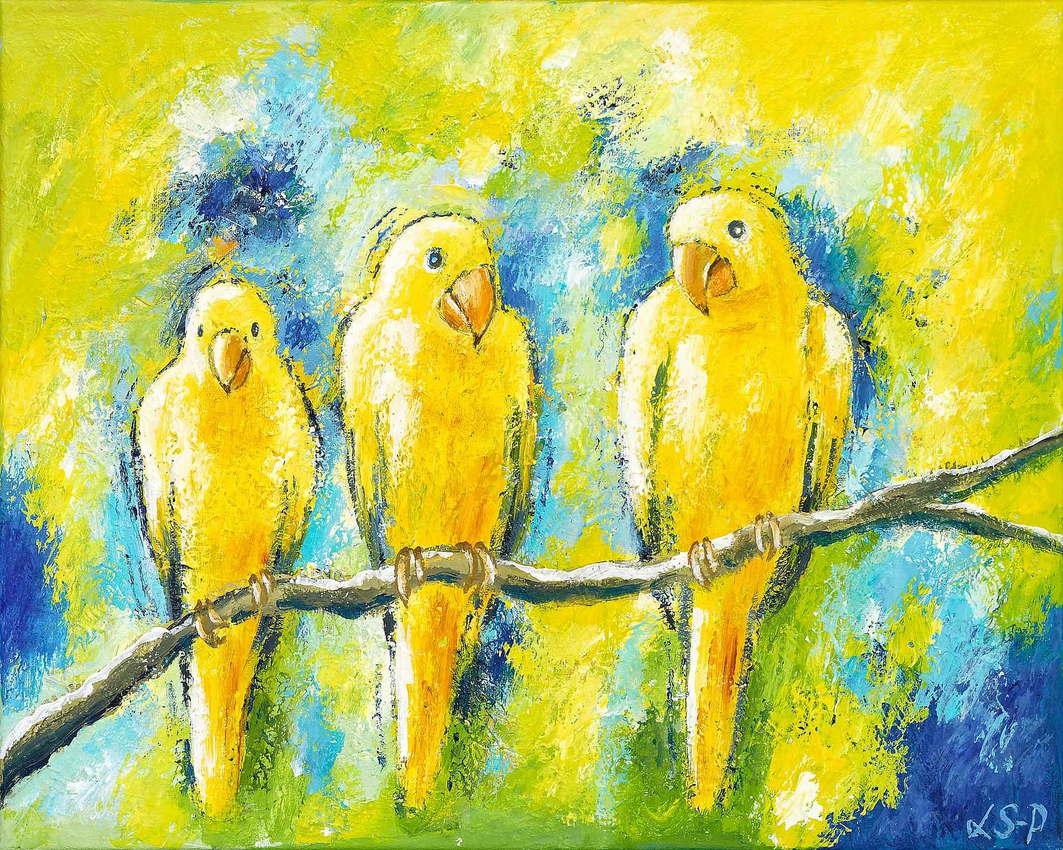 Lene Schmidt-Petersen: "Tre gule undulater føler sig godt tilpas" (50x40 cm)