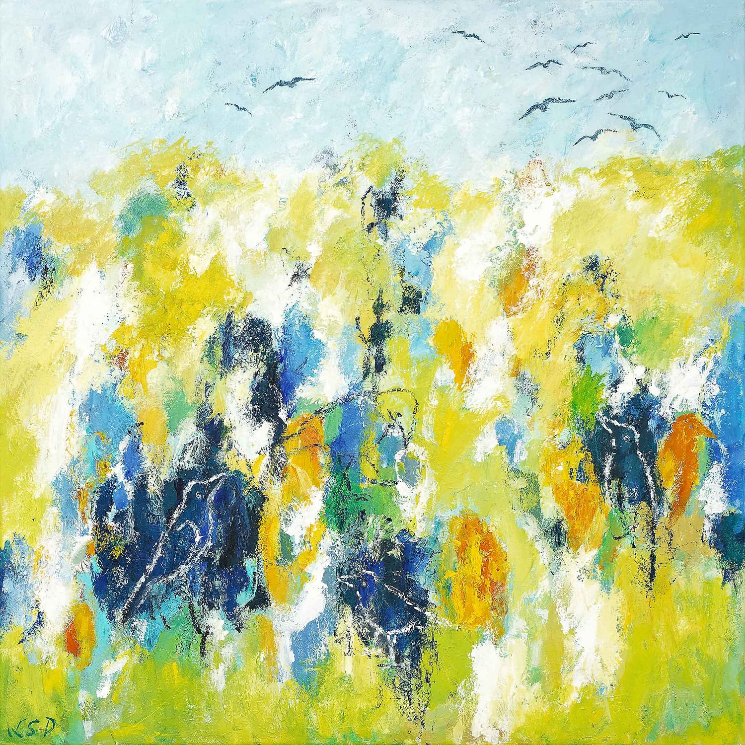 Lene Schmidt-Petersen: "Fugle i forårslandskab" (80x80 cm)