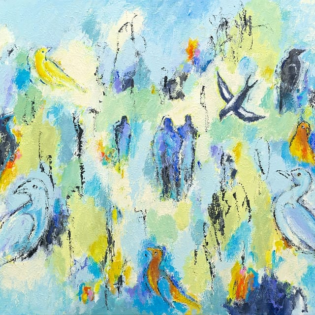 Lene Schmidt-Petersen: "Fugle i det blå univers" (100 x 80 cm)
