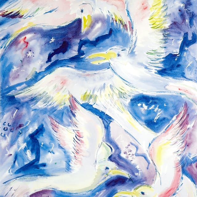 Lene Schmidt-Petersen: "Fugle på den blå himmel" (44 x 60 cm)