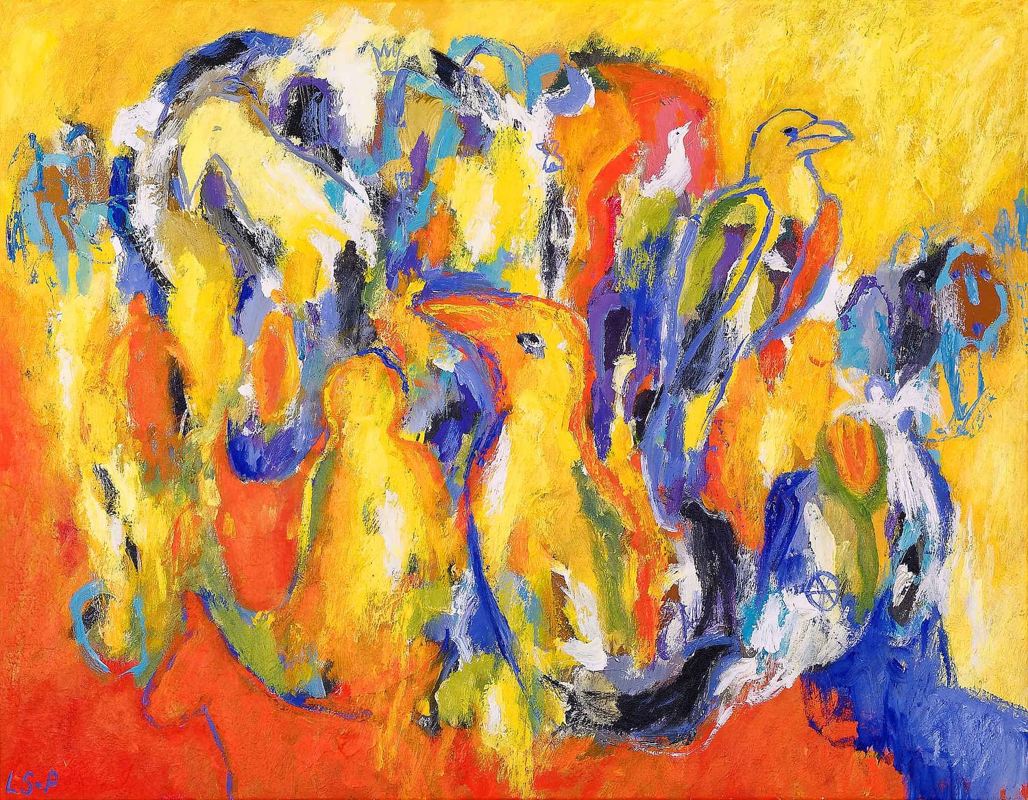 Lene Schmidt-Petersen: "Fugle i det farvede landskab" (90x70 cm)