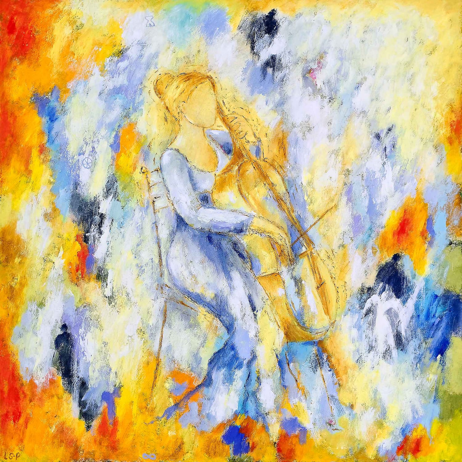 Lene Schmidt-Petersen: "Cellist i det gode univers" (100x100 cm)