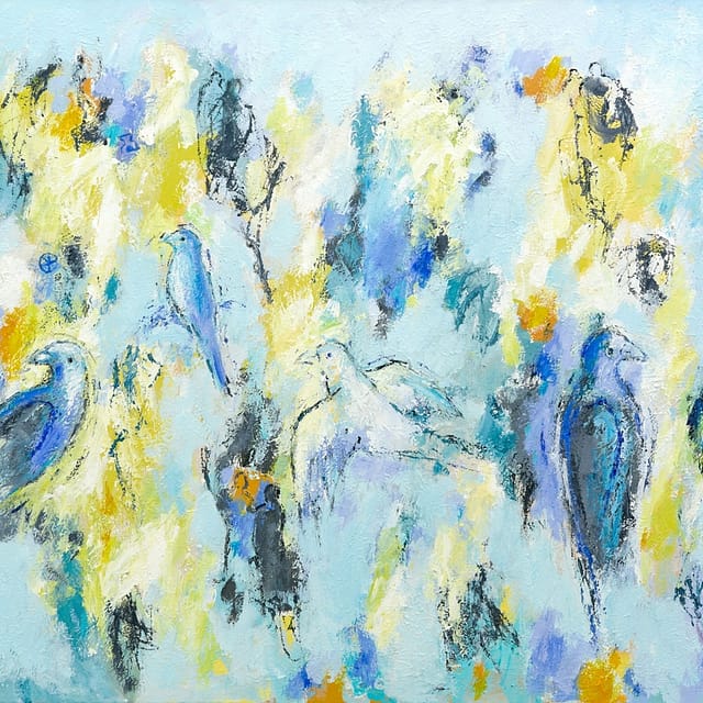 Lene Schmidt-Petersen: "Fugle på vej mod lysere tider" (100 x 80 cm)