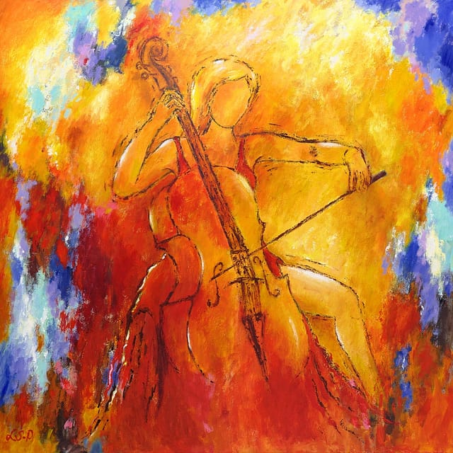 Lene Schmidt-Petersen: "Cellist in the red universe" (100x100 cm)